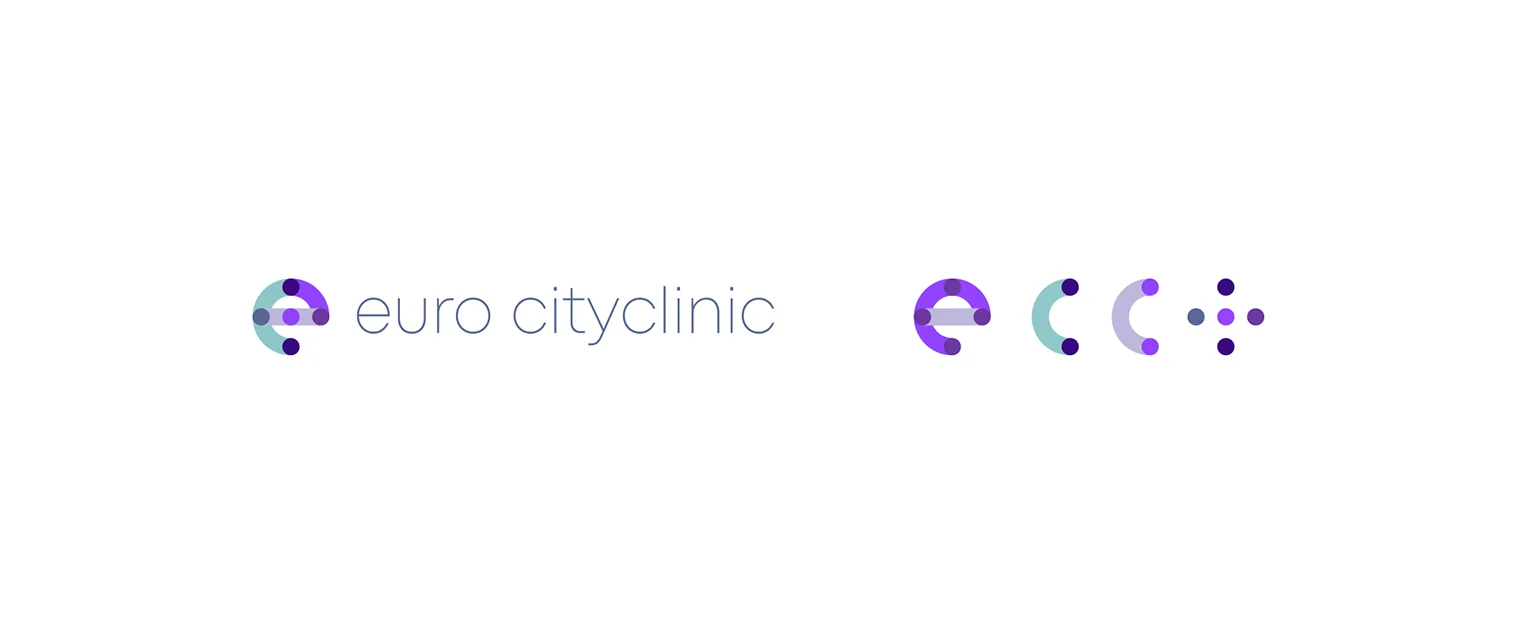 Конструкция логотипа Euro cityclinic из букв e, c и медицинского плюса