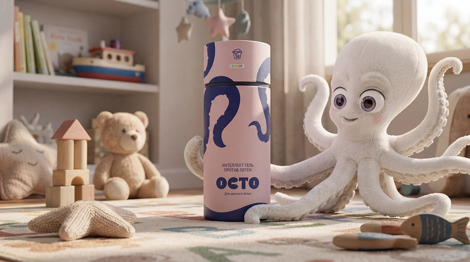Средство OCTO в детской среде с персонажем-осьминогом