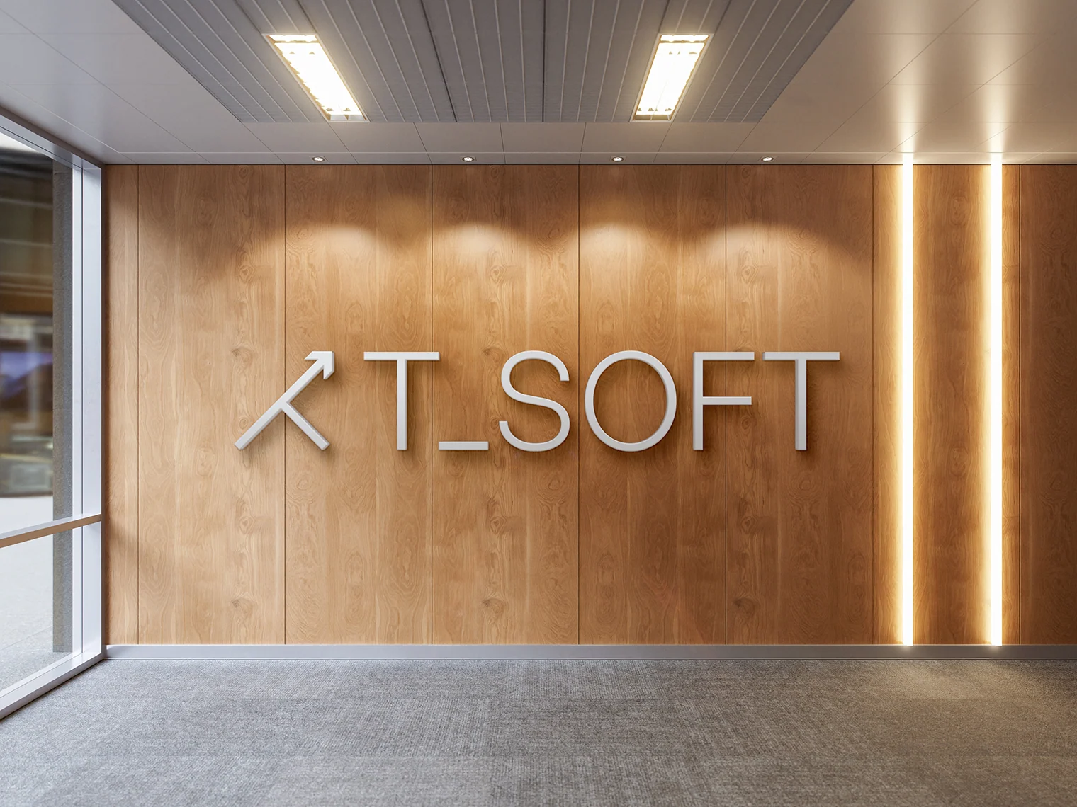 Логотип T-SOFT в офисном пространстве
